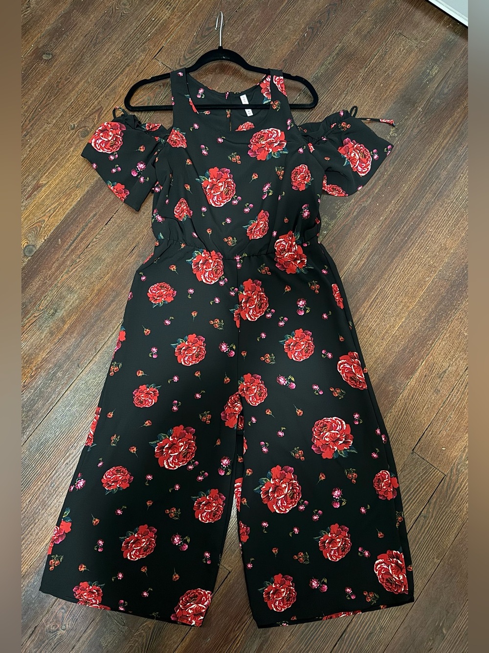 Xhilaration Black Cold-Shoulder Jumpsuit with Red Rose Print